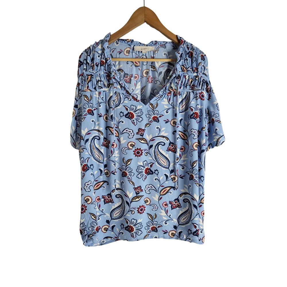 Loft Blue Paisley Floral Ruffle V-Neck Tie Blouse XL Boho-Chic Prairie